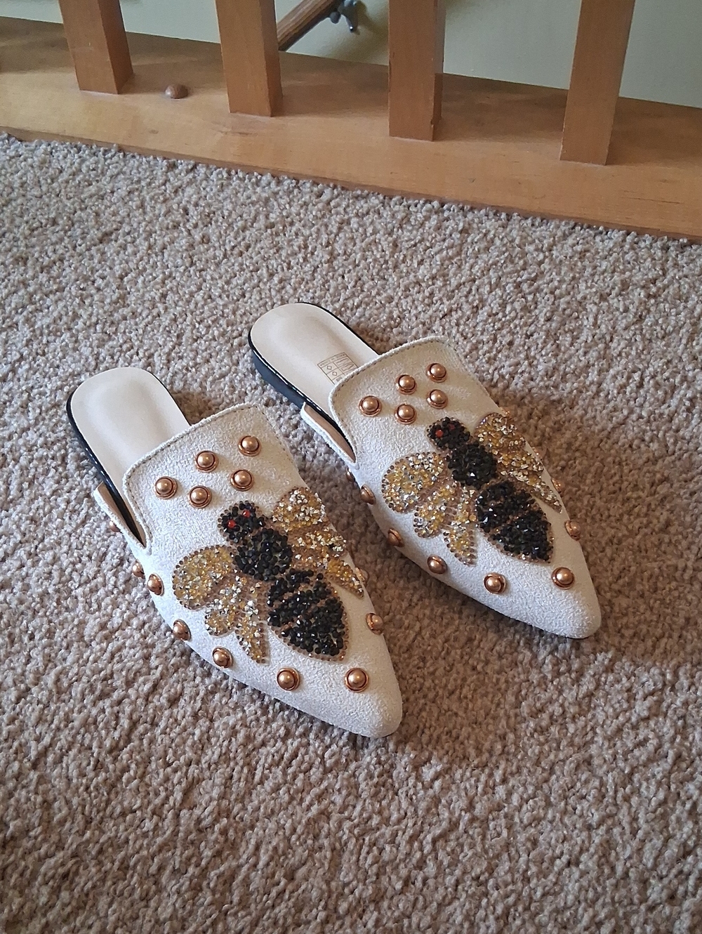 Embellished Cream Slip-On Mules with Bee Sequin Detail